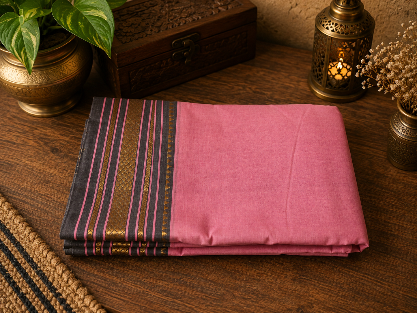Soft Rose Pink Handwoven Cotton Saree with Violet and Golden Zari Border