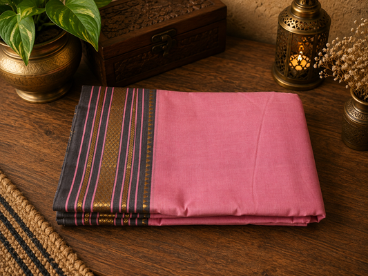 Soft Rose Pink Handwoven Cotton Saree with Violet and Golden Zari Border