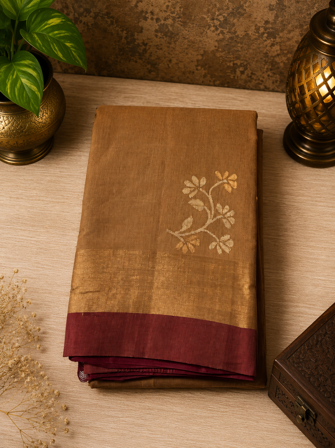 Beige handwoven cotton saree with golden and silver zari work with rich burgundy pallu