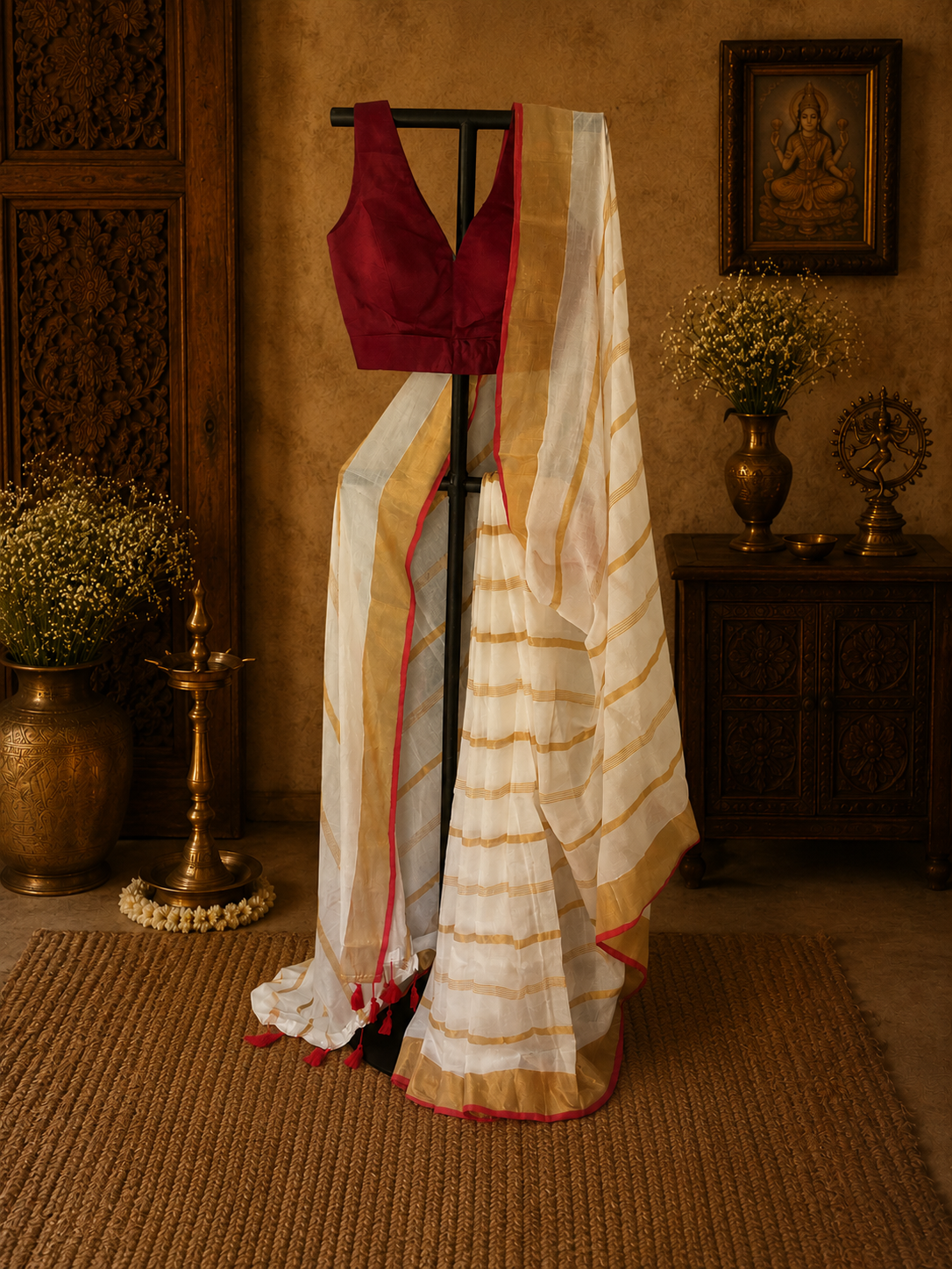 Off white mul cotton saree with golden zari stripes with red tassels