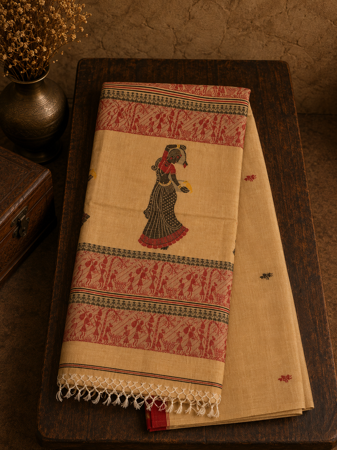 Beige Handwoven Soft Cotton Saree With Dancing Doll and Warli Folk Art Motifs