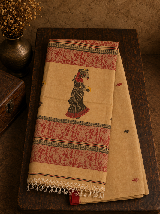 Beige Handwoven Soft Cotton Saree With Dancing Doll and Warli Folk Art Motifs