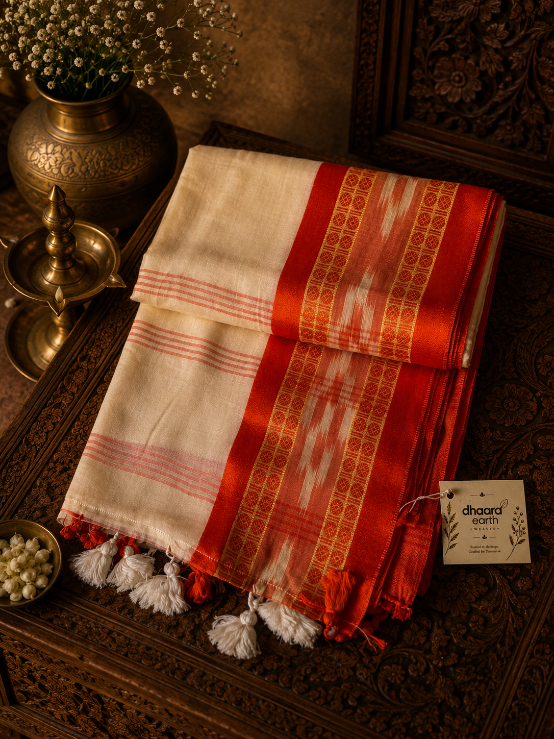 Off white mul cotton saree with orange ikkat style border