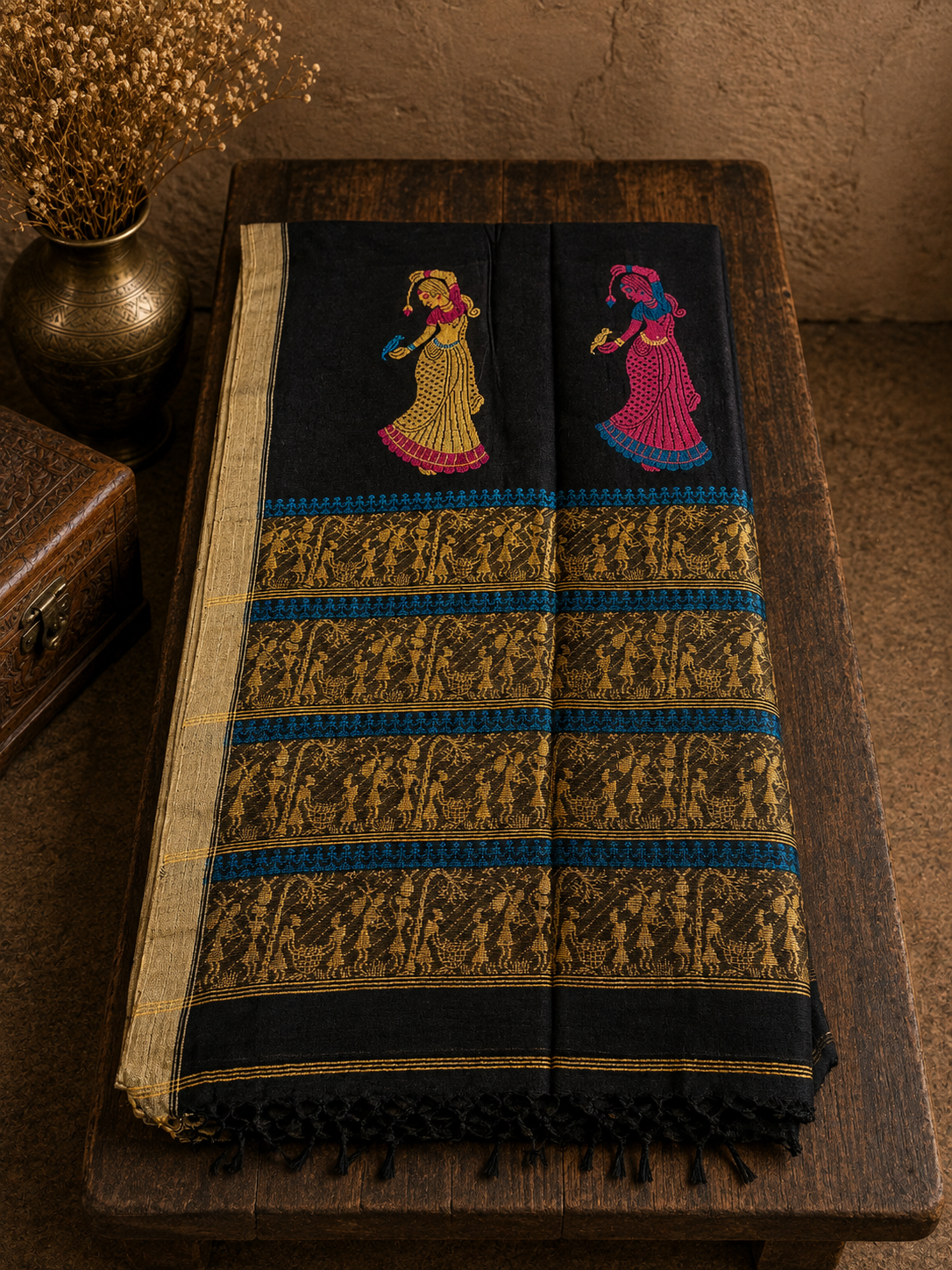 Black Handwoven Soft Cotton Saree With Dancing Doll and Warli Folk Art Motifs