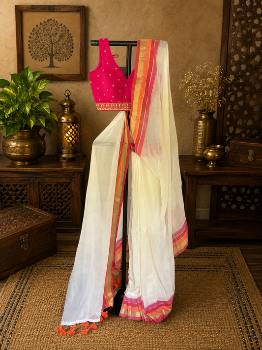 Off white mul cotton saree with pink, maroon, orange and golden zari border