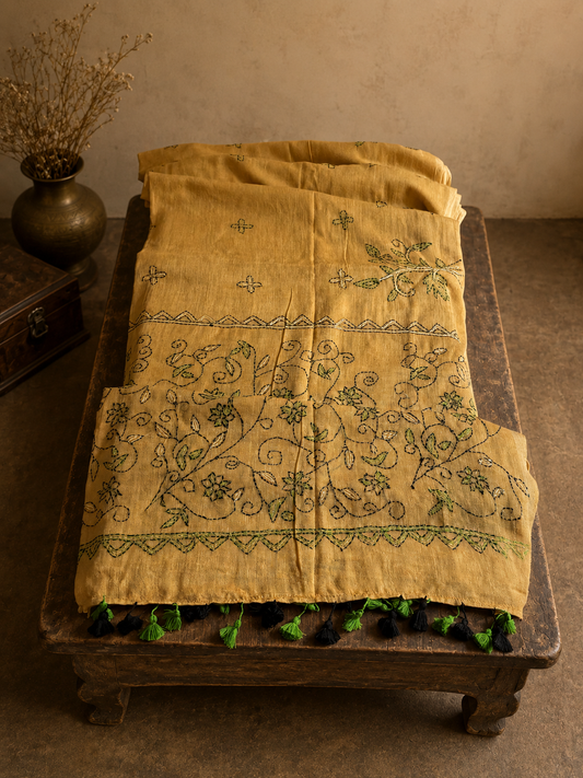 Mustard Yellow Mul Cotton Saree with Hand-Embroidered Kantha Stitch
