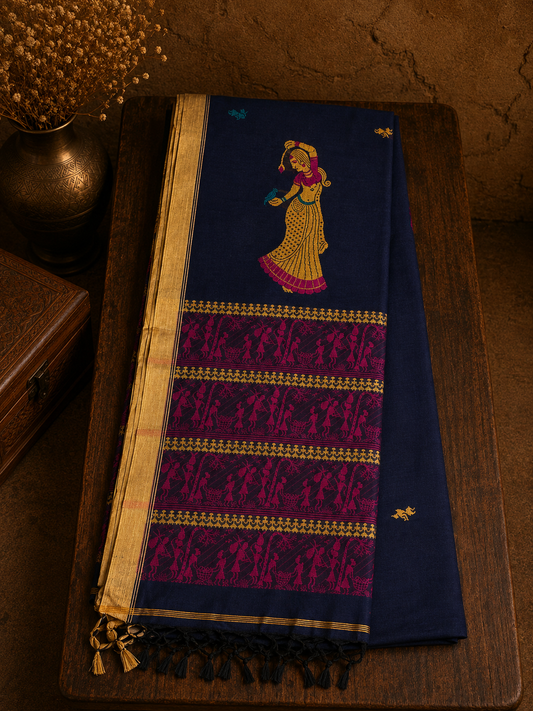 Navy Blue Handwoven Soft Cotton Saree With Dancing Doll and Warli Folk Art Motif