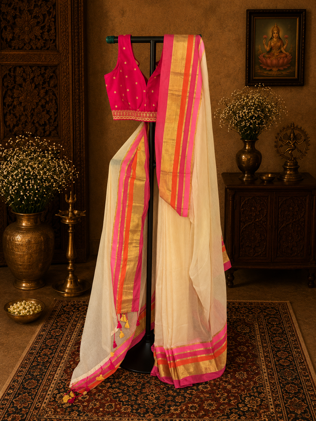 Off white mul cotton saree with pink, orange and golden zari stripes