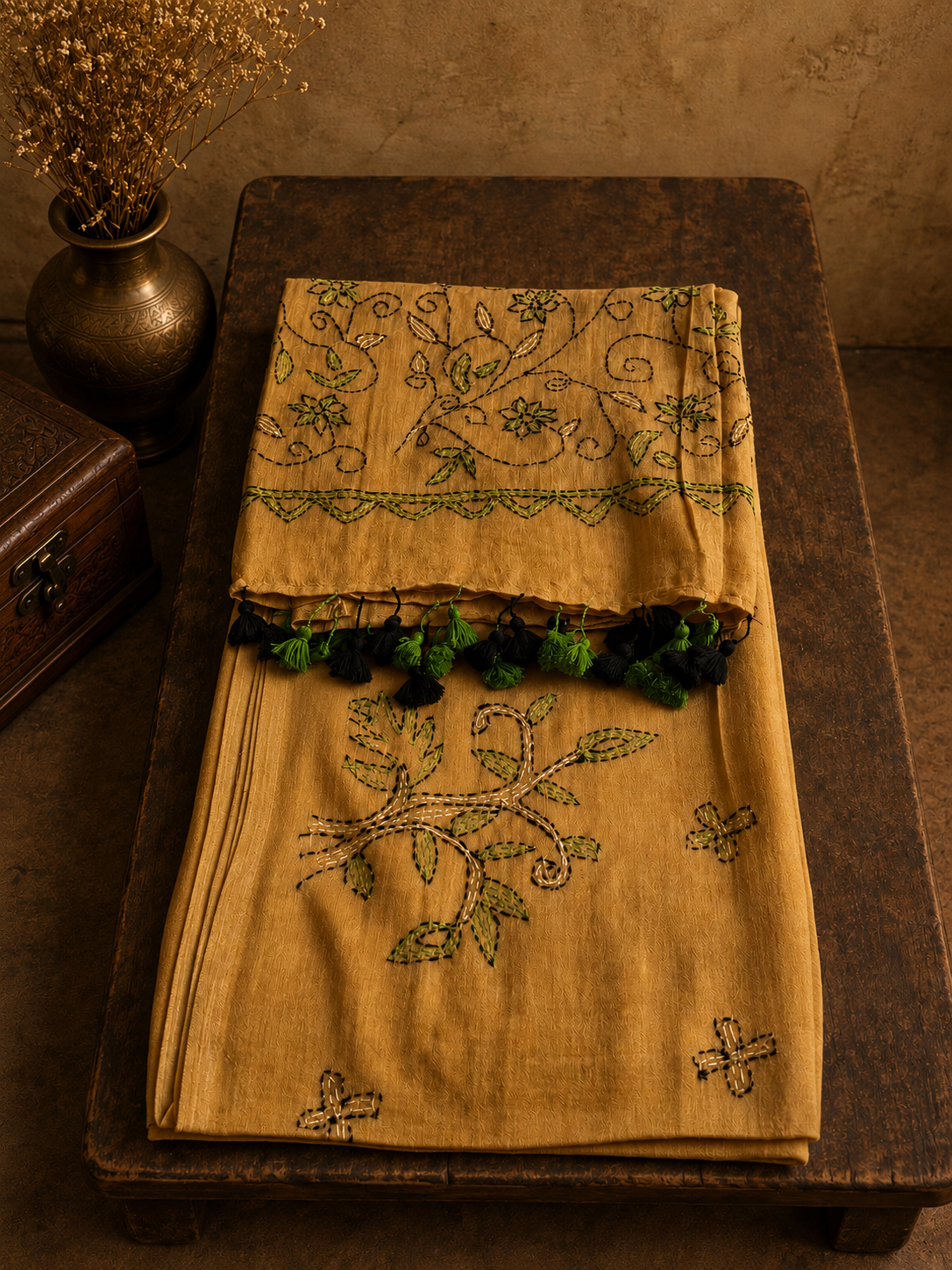 Mustard Yellow Mul Cotton Saree with Hand-Embroidered Kantha Stitch