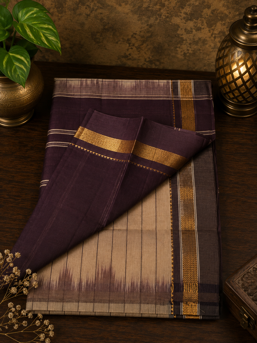 Oatmeal beige handwoven cotton saree with coffee brown and purple, golden zari border and stripes