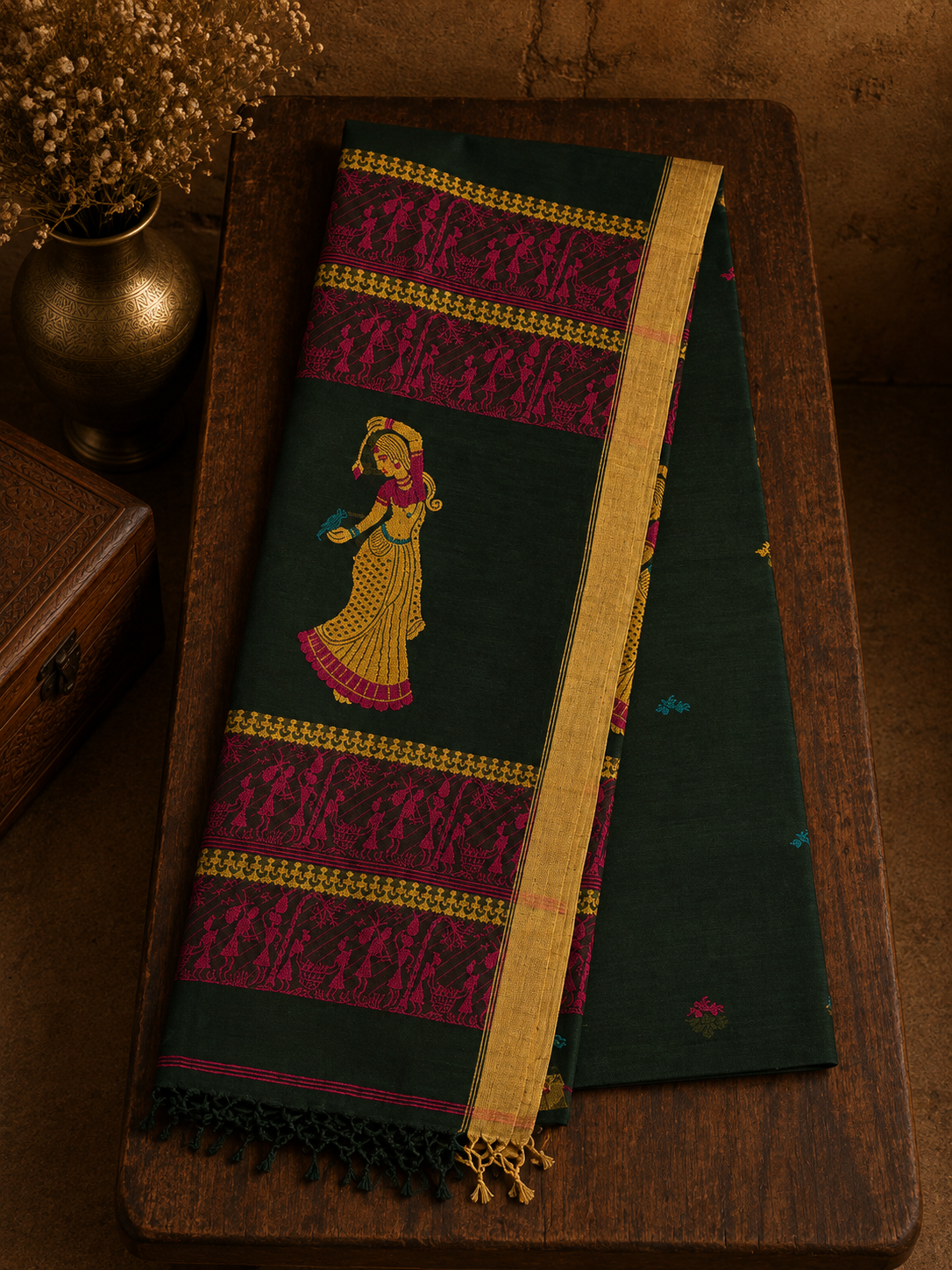 Bottle Green Handwoven Soft Cotton With Dancing Doll and Warli Folk Art Motif