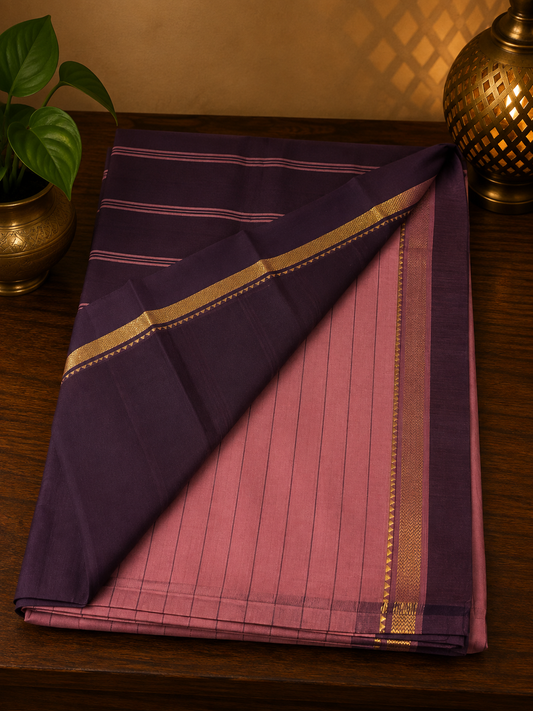 Pastel pink handwoven cotton saree with dark violet border and stripes