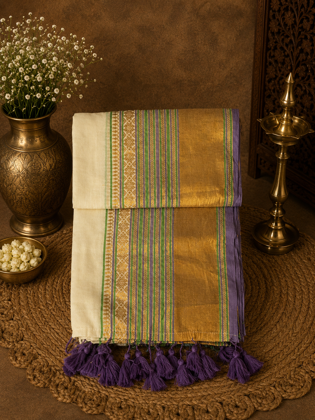 Off white mul cotton saree with golden, purple and green stripes border