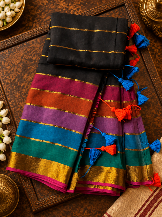 Black Mulcotton Saree with Golden Stripes and Multicoloured Border