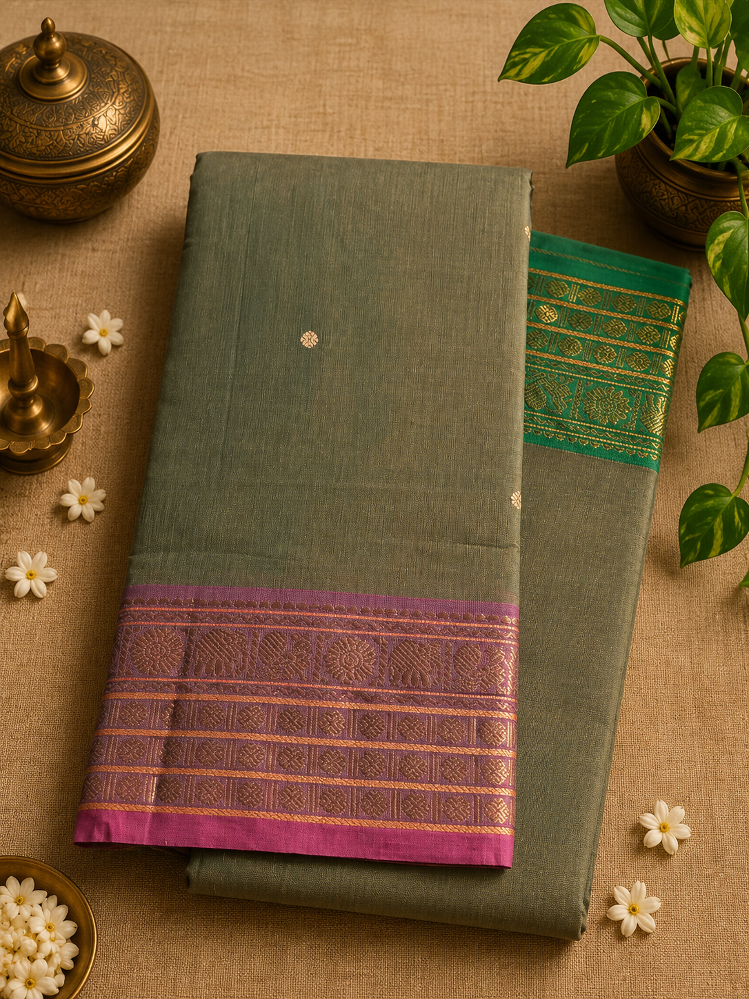 Olive Green Pure Cotton with Ganga Jamuna Border