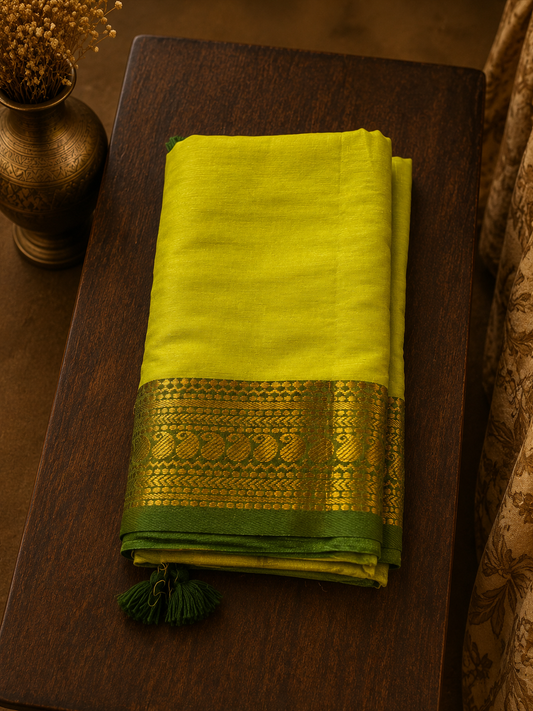 Lime Green Mul Cotton Saree with Dark Green with Golden Zari Border