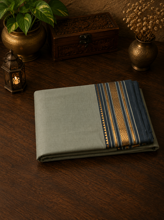 Sage Green Handwoven Cotton Saree with Violet Golden Zari Border