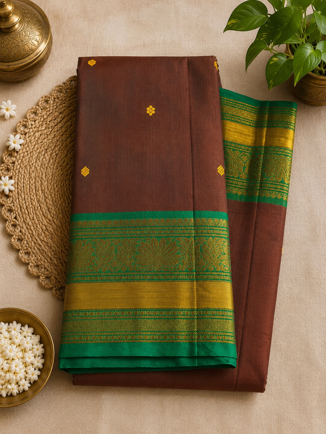 Brown Kanchi Cotton Saree with Green Zari Border
