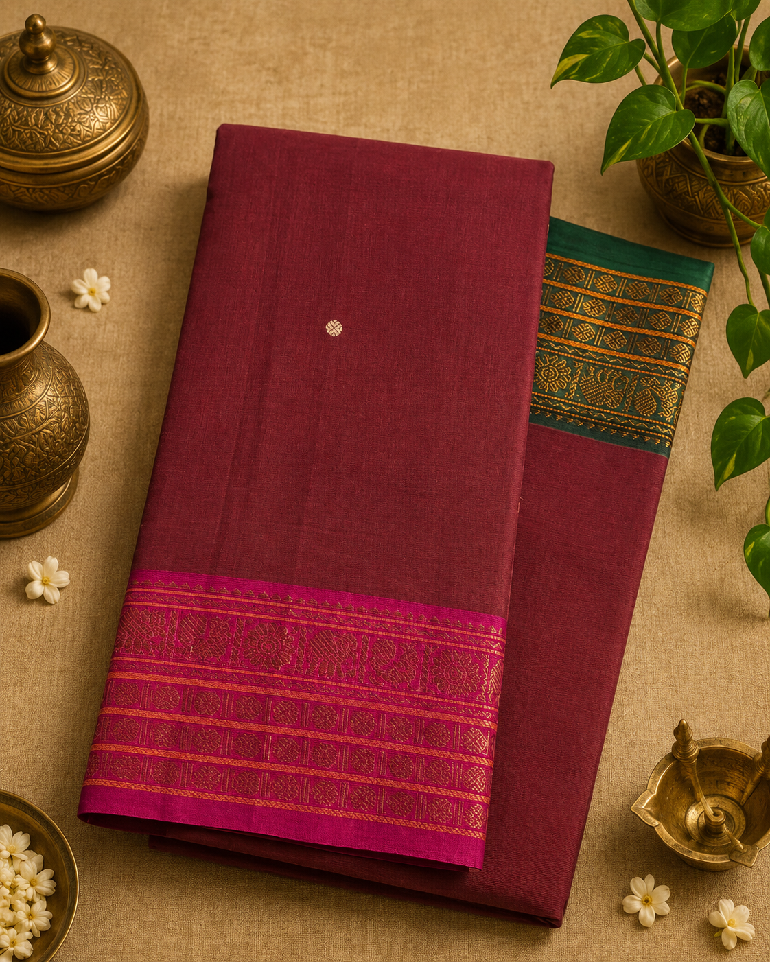 Warm Brown Kanchi Cotton Saree with Ganga Jamuna Border