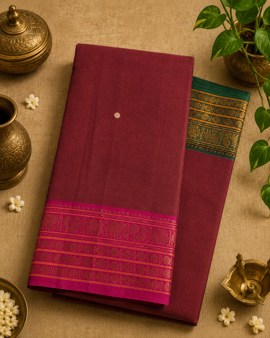 Warm Brown Kanchi Cotton Saree with Ganga Jamuna Border