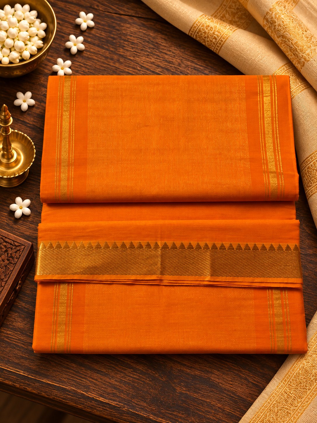 Orange Pure Mangalagiri Cotton Saree