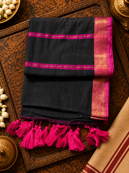 Black Mul Cotton Saree with Pink Zari Border