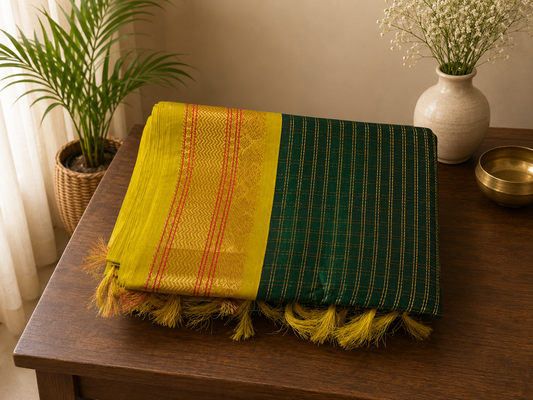 Bottle green handwoven cotton silk saree with golden zari checks and yellow golden zari border