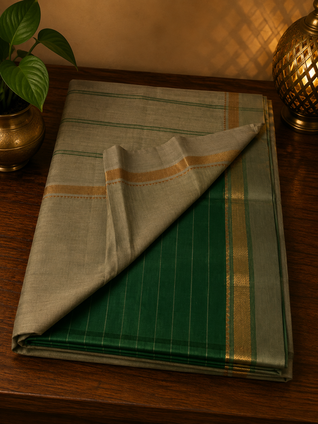 Bottle green handwoven cotton saree with sage green and golden zari border and stripes