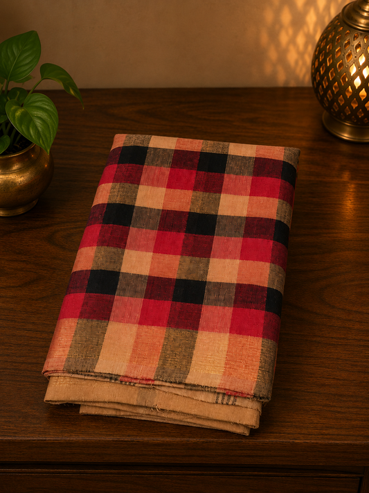 Handwoven cotton saree with red, black, beige checks and golden zari border