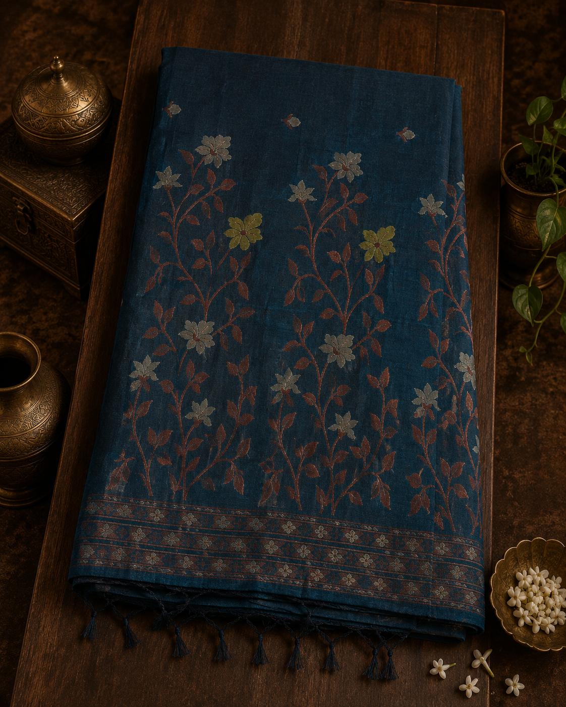 Teal Blue Handwoven Soft Cotton Saree with Paithani Motifs