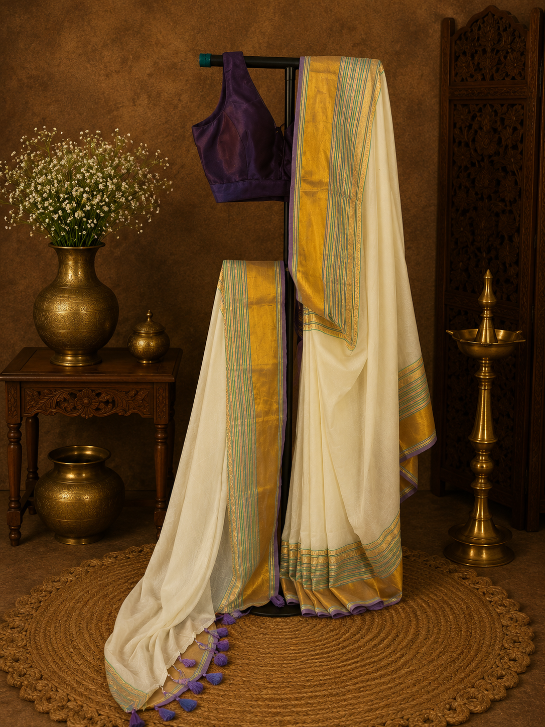 Off white mul cotton saree with golden, purple and green stripes border