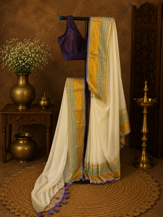 Off white mul cotton saree with golden, purple and green stripes border