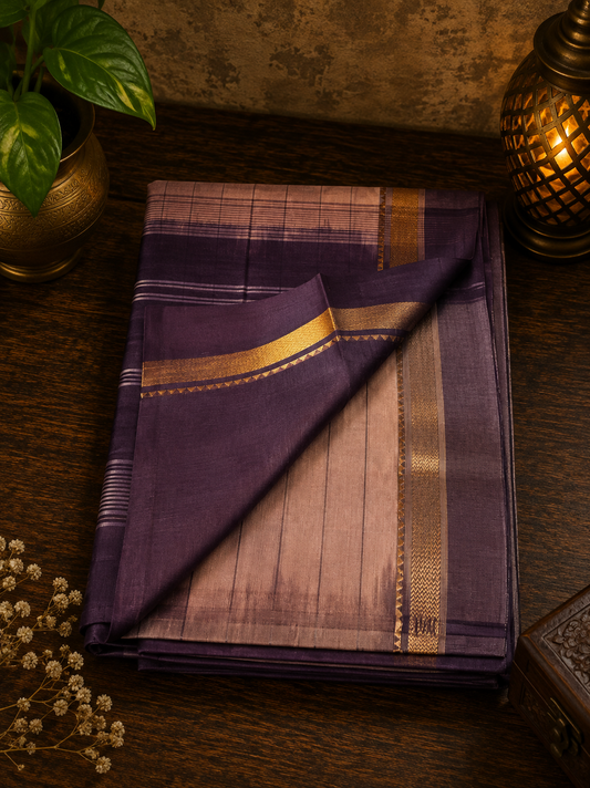 Mocha brown handwoven cotton saree with dark purple with golden zari border and stripes