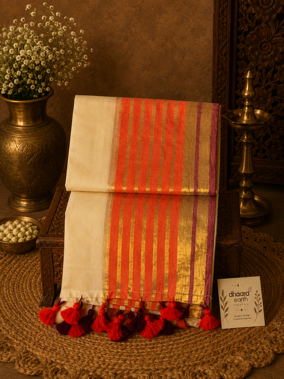 Off white mul cotton saree with orange and golden zari stripes border