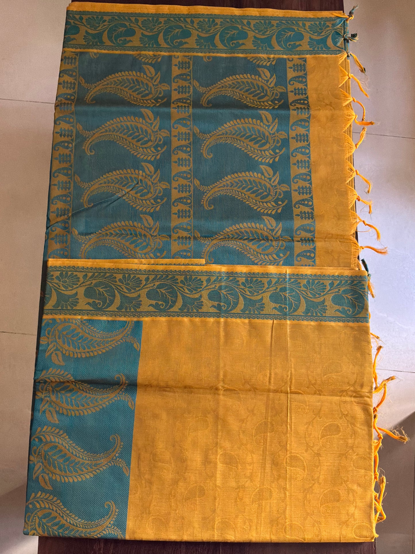 Mustard Yellow and Teal Blue Pure Cotton Saree with Rich Pallu