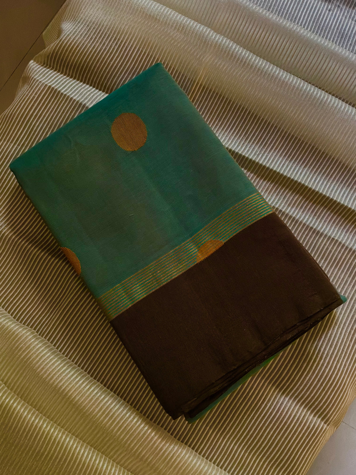 Sea Green Handwoven Cotton Saree with Oval Motifs, Brown Border and Black Rich Pallu