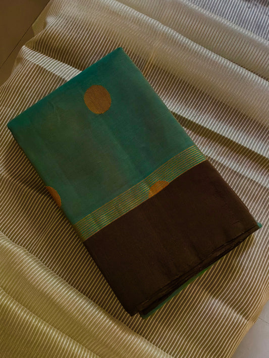Sea Green Handwoven Cotton Saree with Oval Motifs, Brown Border and Black Rich Pallu