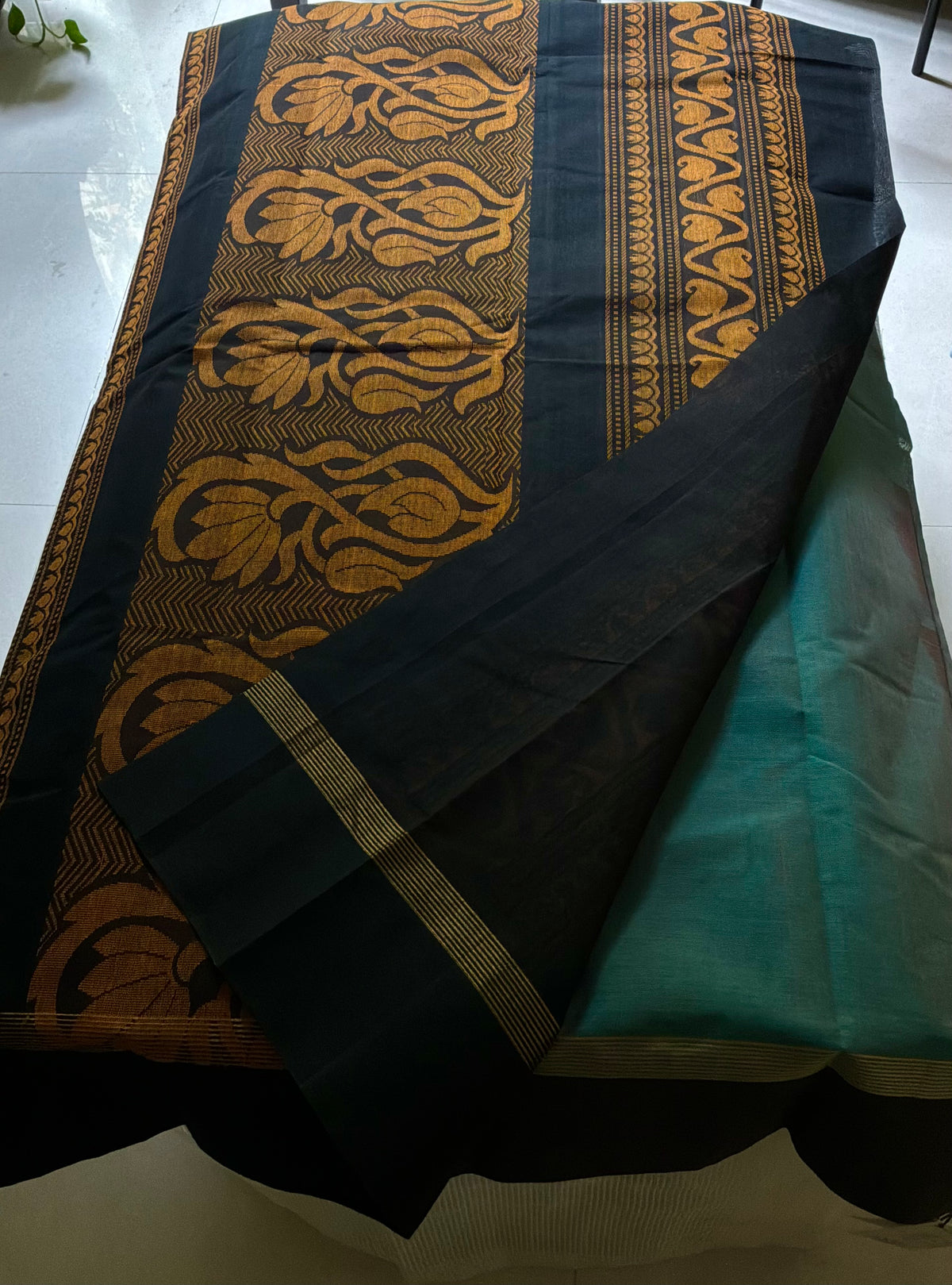 Sea Green Handwoven Cotton Saree with Oval Motifs, Brown Border and Black Rich Pallu