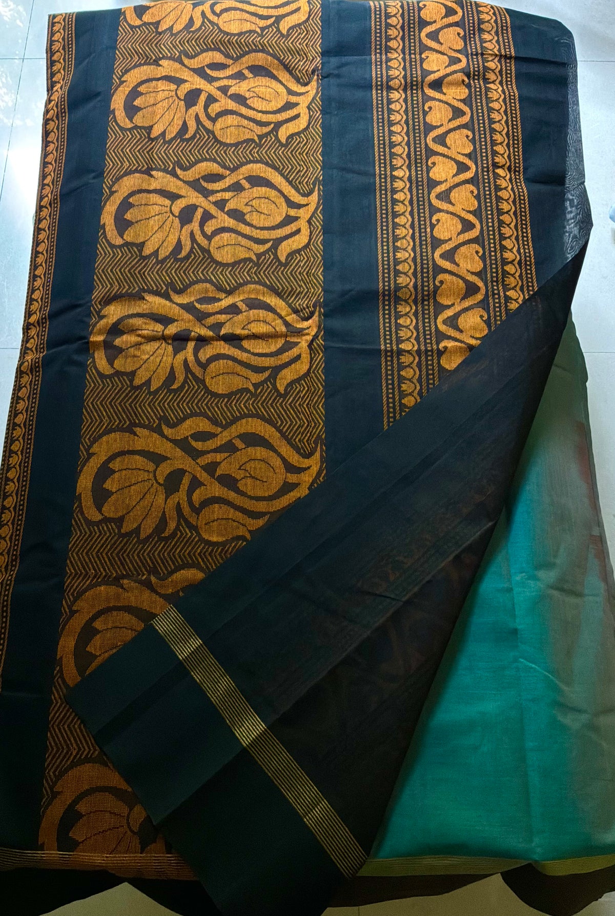 Sea Green Handwoven Cotton Saree with Oval Motifs, Brown Border and Black Rich Pallu