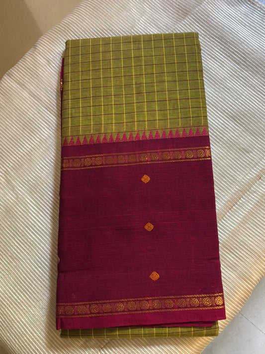 Olive Green Checks Pure Cotton Saree With Magenta Border