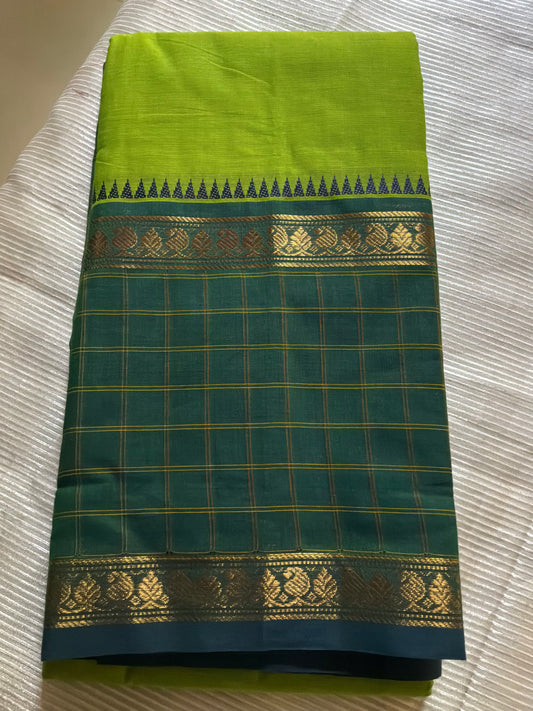 Lime Green Pure Cotton Saree with Emerald Green Checks Border