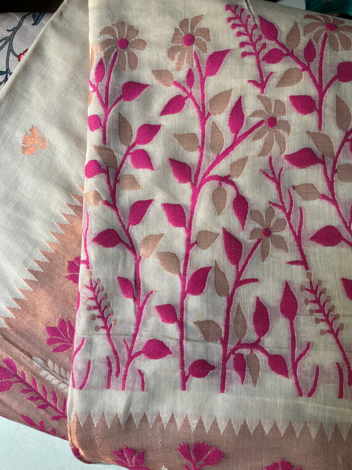 Beige Handwoven Pure Soft Cotton Saree with Pink Paithani Motifs