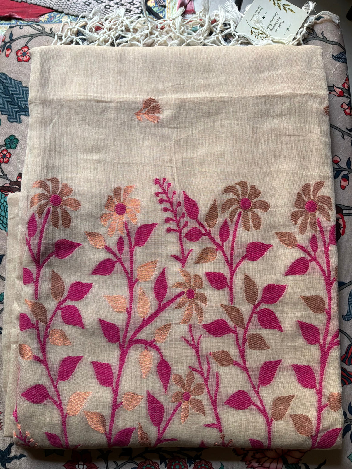 Beige Handwoven Pure Soft Cotton Saree with Pink Paithani Motifs