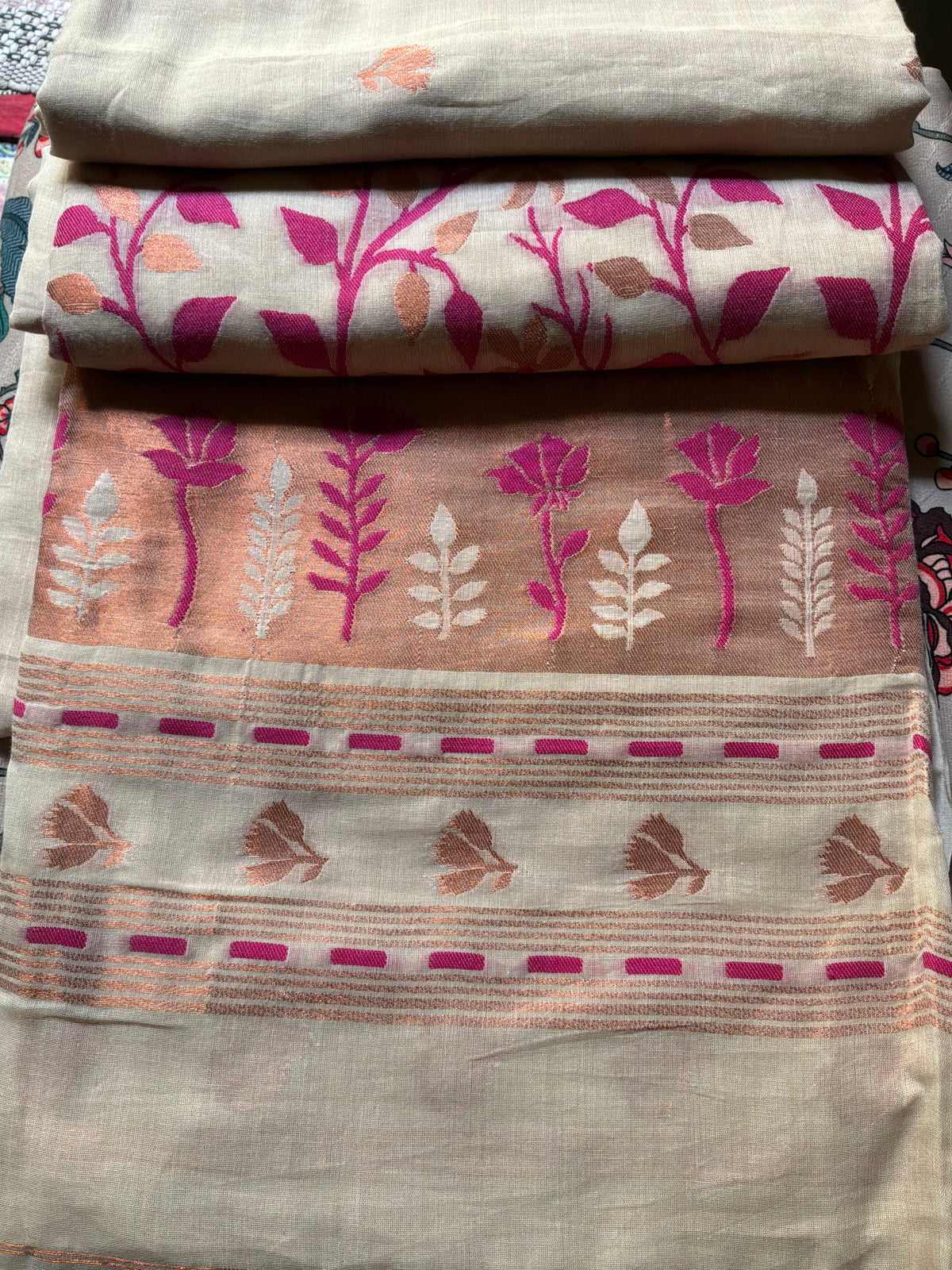 Beige Handwoven Pure Soft Cotton Saree with Pink Paithani Motifs