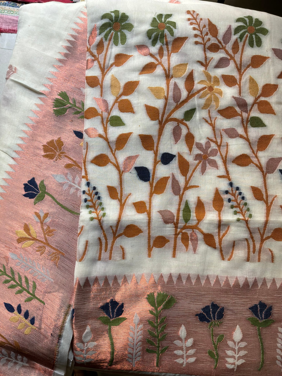 Off White Handwoven Pure Soft Cotton Saree with Multicoloured Paithani Motifs