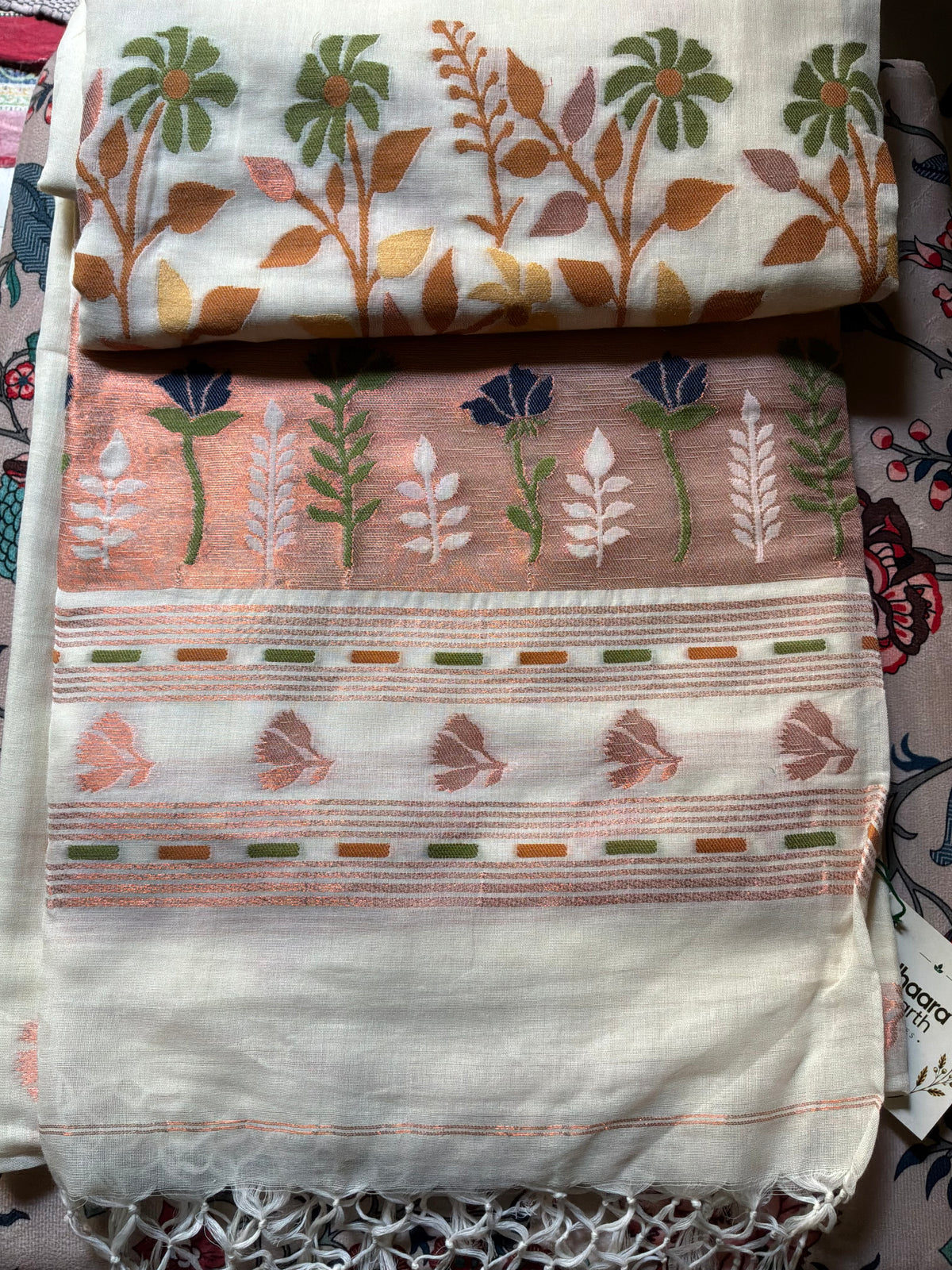 Off White Handwoven Pure Soft Cotton Saree with Multicoloured Paithani Motifs