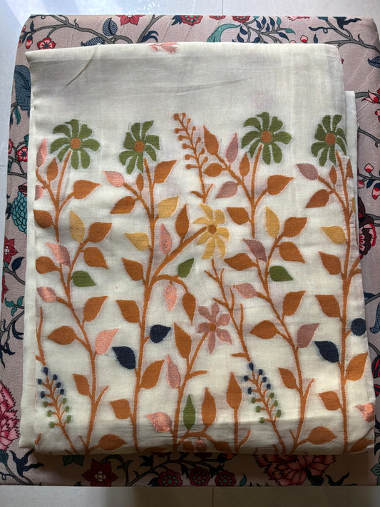 Off White Handwoven Pure Soft Cotton Saree with Multicoloured Paithani Motifs