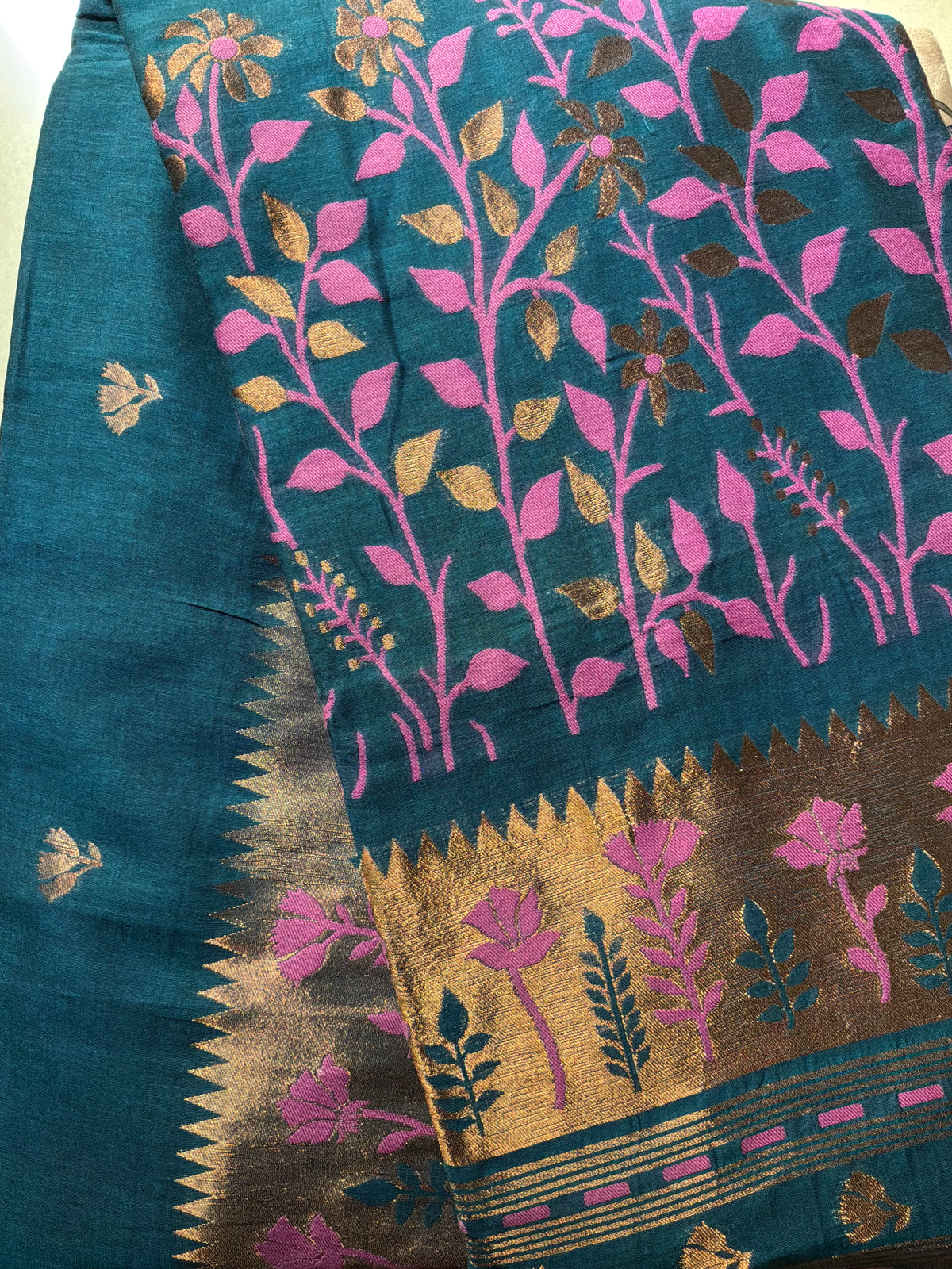 Teal Blue Handwoven Soft Cotton Saree with Pink Paithani Motifs