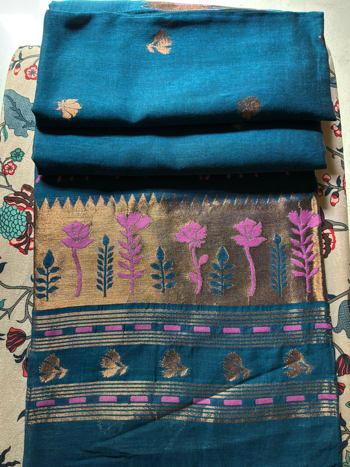 Teal Blue Handwoven Soft Cotton Saree with Pink Paithani Motifs