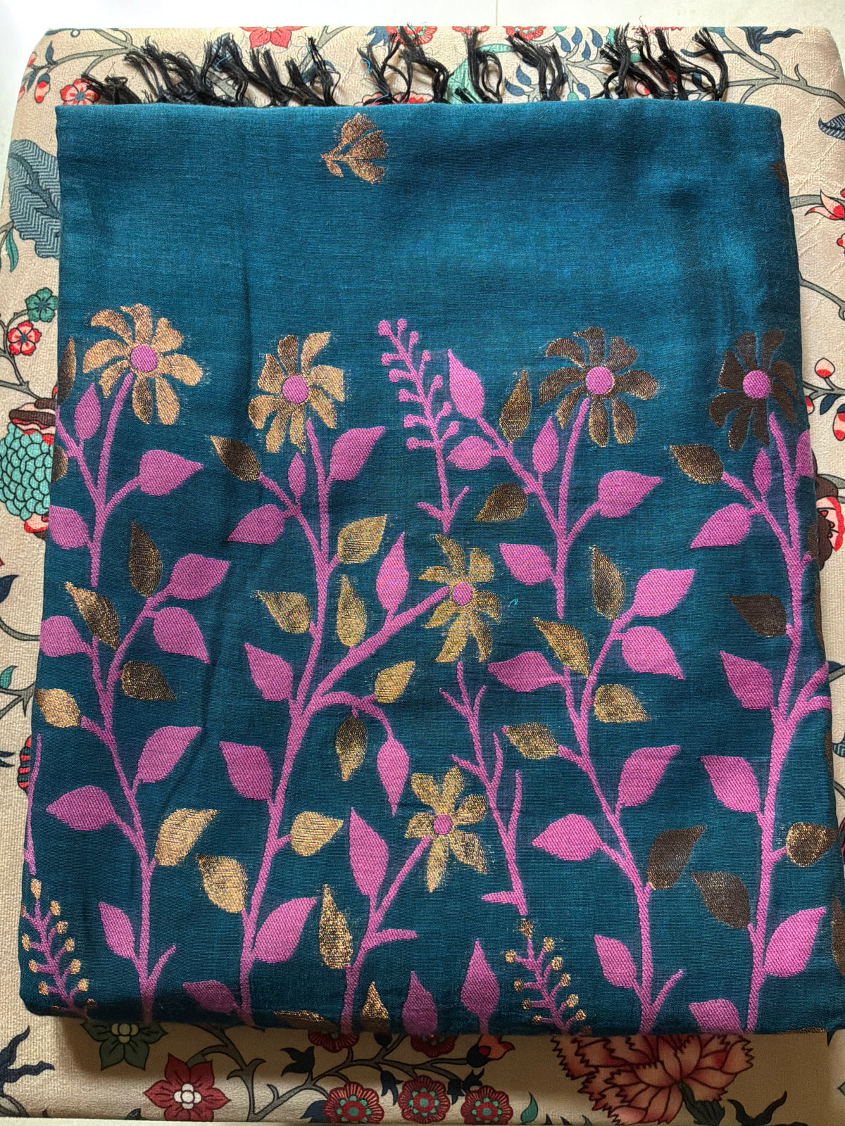 Teal Blue Handwoven Soft Cotton Saree with Pink Paithani Motifs